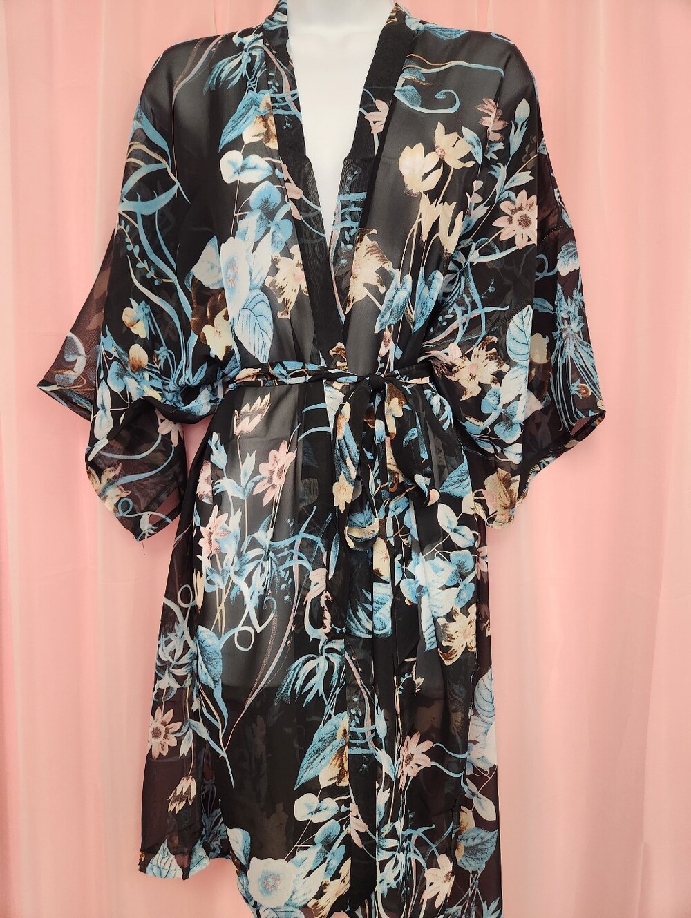 Women’s Black Floral Kimono with Blue & Cream Accents